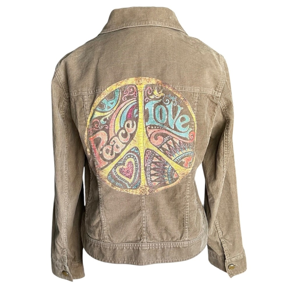 Hand-Painted Retro Peace Love Boho Talbots Tan Corduroy Jacket 4P, Wearable Art